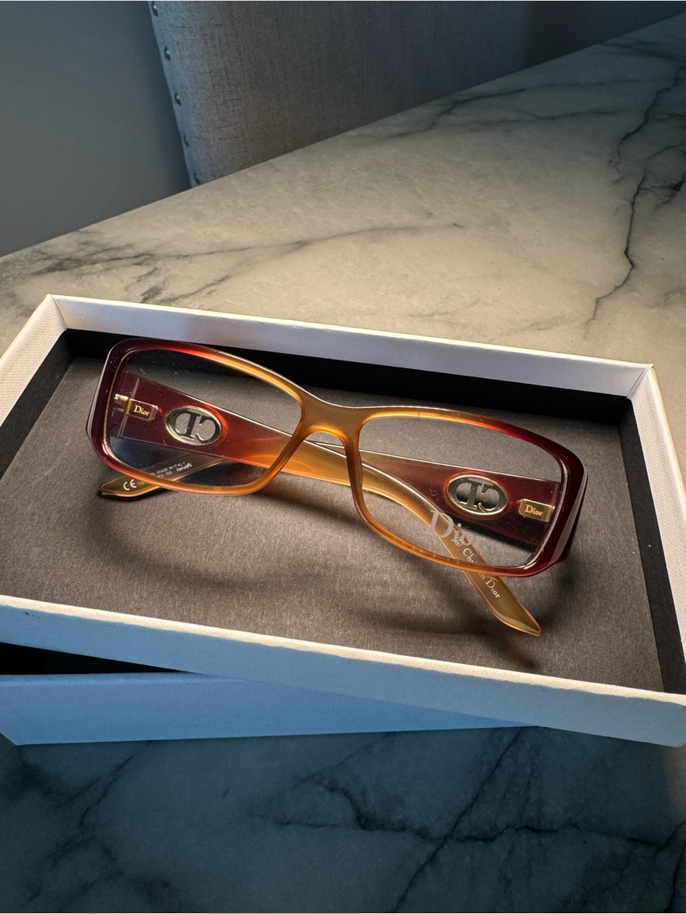 Christian Dior Rectangular Gradient Frames in Burgundy and Amber